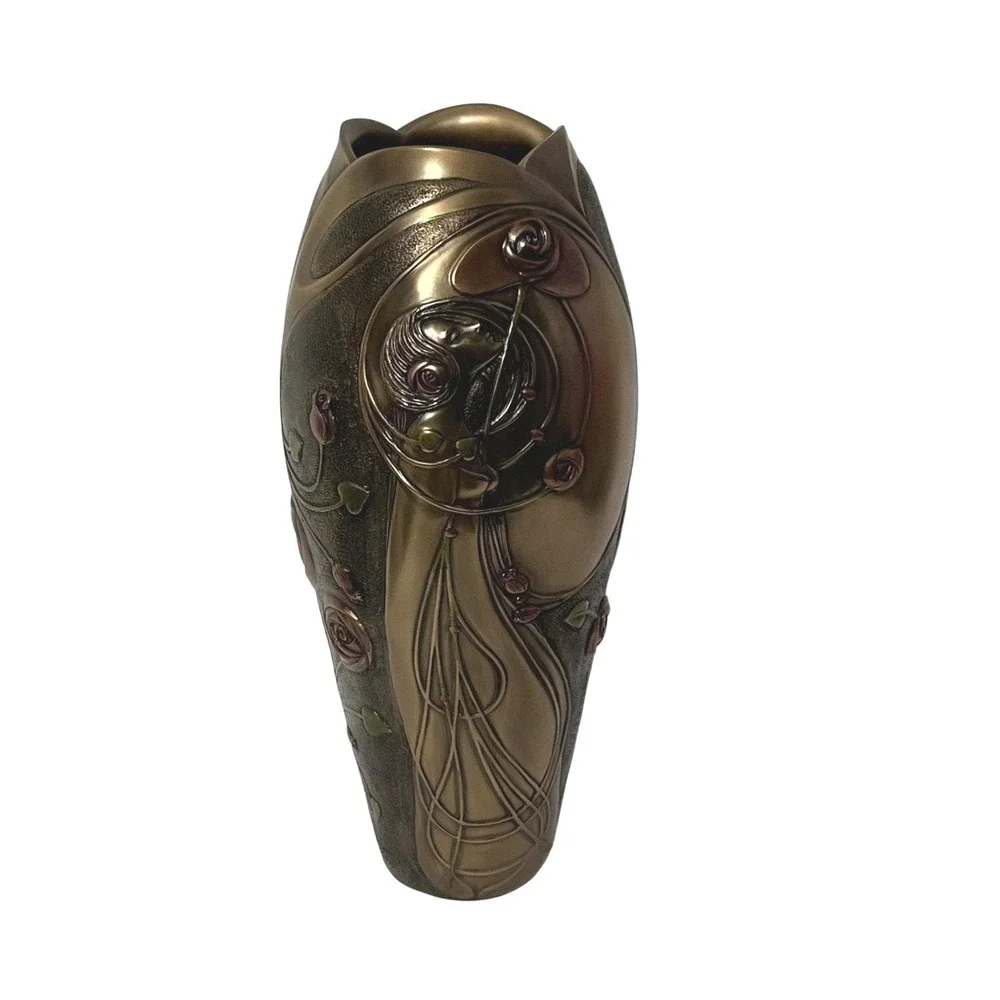 Veronese Design Art Nouveau Vase Vintage Bronze Finish Woman Rose Relief 13.5in